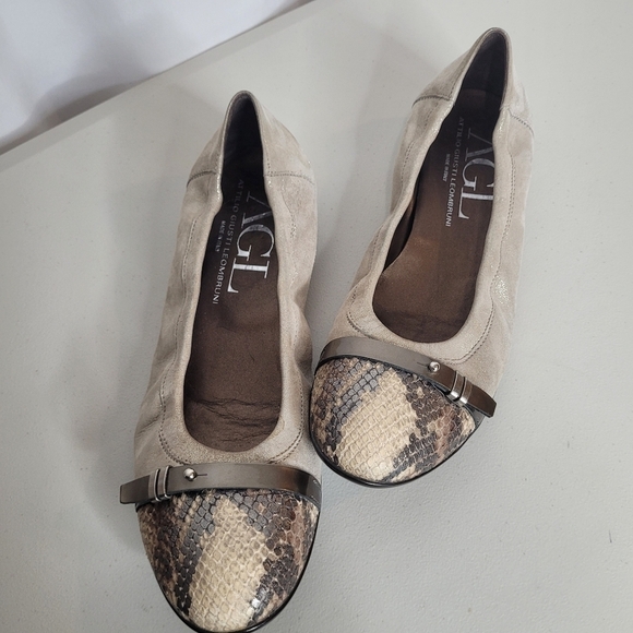 AGL Monika Snakeskin Cap Toe Soft Metallic Leather Ballet Flat - Size 11 / 41 - Picture 1 of 16